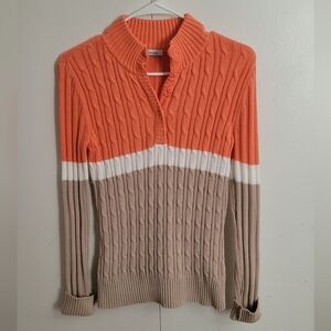 Liz & Co Colorblock Cable Knit Sweater Mock Neck Button Pullover Size S